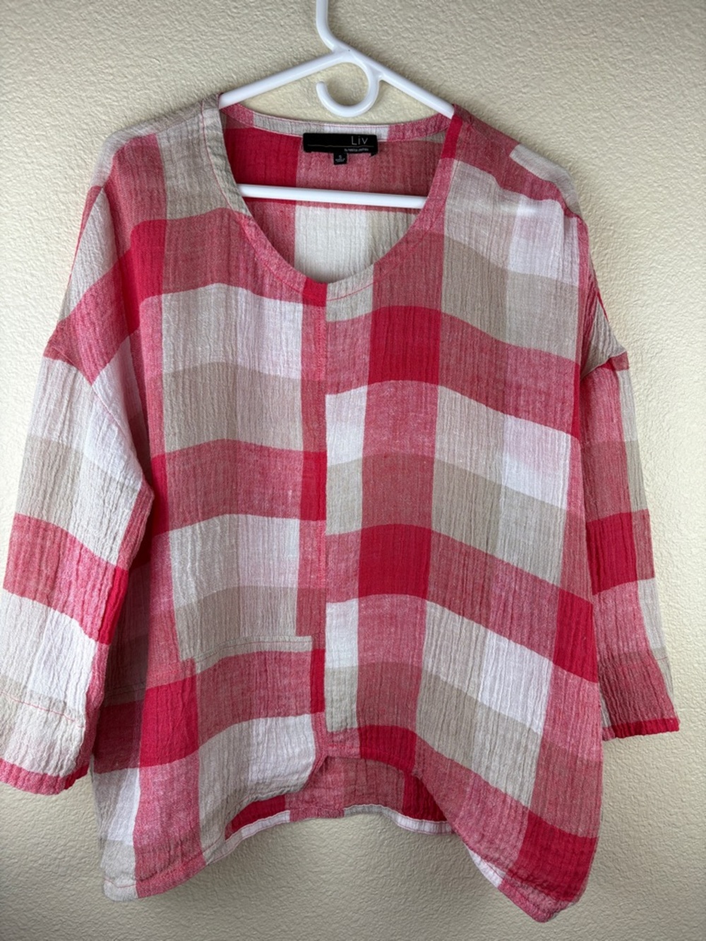 LIV By Habitat Clothing Linen Red Tan Plaid Boxy Oversized 3/4 Sleeve Top Sz S
